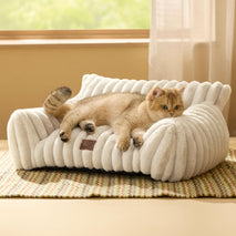 Bedsure ComfyFleece™ Cute Cat Couch for Pets - As Seen on TV on Good Day New York, Fuzzy Cats beds for Indoor Cats with Removable Washable Cover, Supportive Pet Sofa, 24inch, Cream