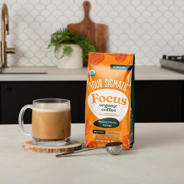 Four Sigmatic Organic Focus Mushroom Ground Coffee Dark Roast with Lion's Mane & Chaga Mushroom for Mental Clarity & Energy Support 12oz Bag