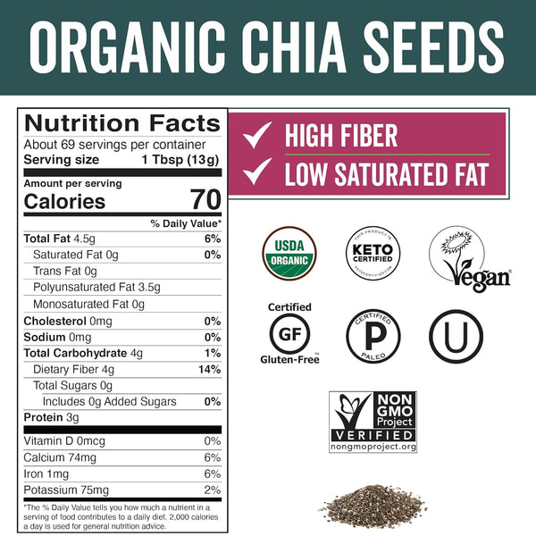Viva Naturals Organic Chia Seeds, 2 lb - Plant-Based Omega-3 & Vegan Protein, Gluten Free