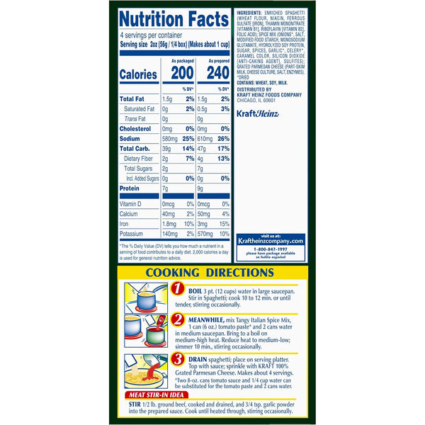 Kraft Spaghetti Classics Tangy Italian Meal Mix, Spaghetti, Spices, Parmesan Cheese, 8 oz Box