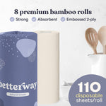 Betterway Bamboo Natural Brown Paper Towels, 8 Rolls, 2-Ply, 110 Sheets Each, Plastic-Free Disposable Kitchen Towels