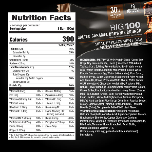 MET-Rx Big 100 Protein Bar, 30G Protein, 9 Count, 3.52 Oz, Salted Caramel Brownie Crunch
