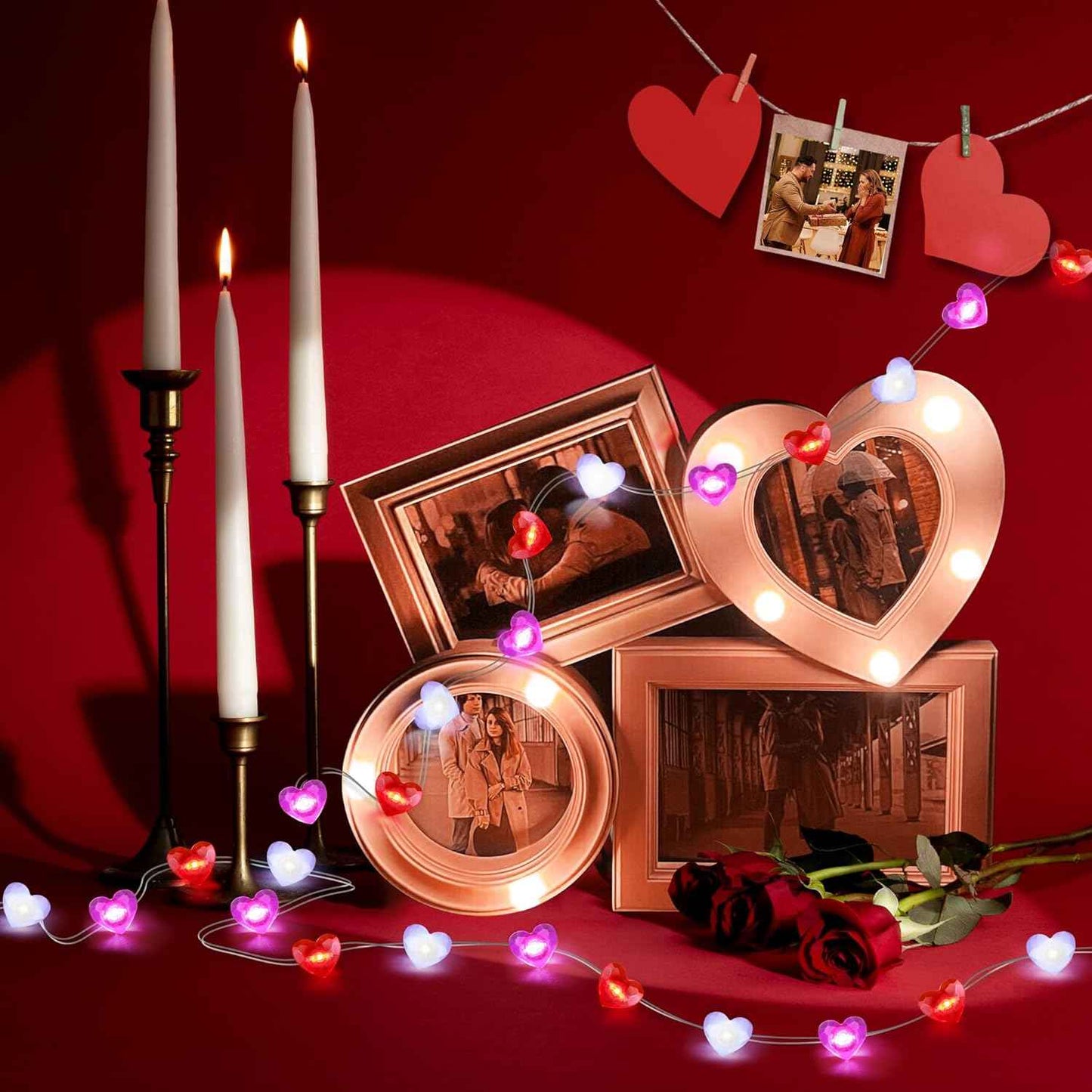 Valentines Decor 10FT 30 LED Valentine's Lights with Timer, Red Pink White Heart Lights String Battery Operated, 8 Modes Valentines Decorations Heart Fairy Lights Romantic Decor Home Bedroom