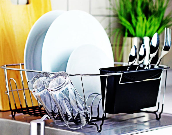 Small Chrome-Plated Steel Dish Drainer with Detachable Cutlery Cup