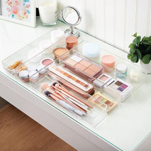 6-piece clear plastic drawer organizer set for makeup vanity and office desk