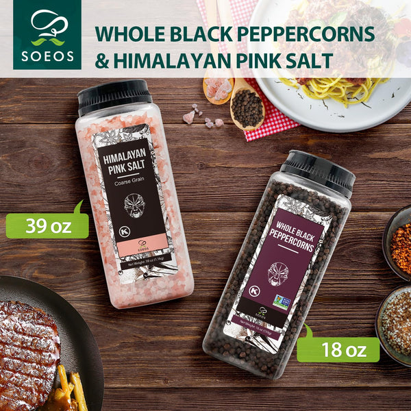 Soeos Himalayan Pink Salt Coarse Grain Kosher Salt Refill with Whole Black Peppercorns Non-GMO Verified Spice Seasoning Set