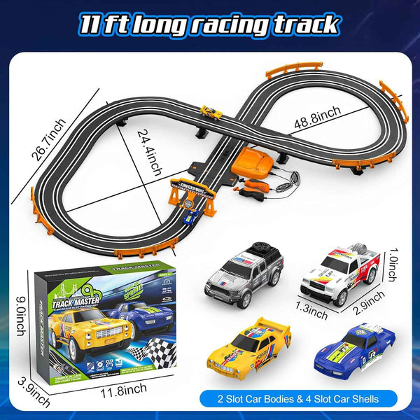 slot car race track set, 2 high-speed cars, battery or electric, dual racing game, lap counter, toys for kids