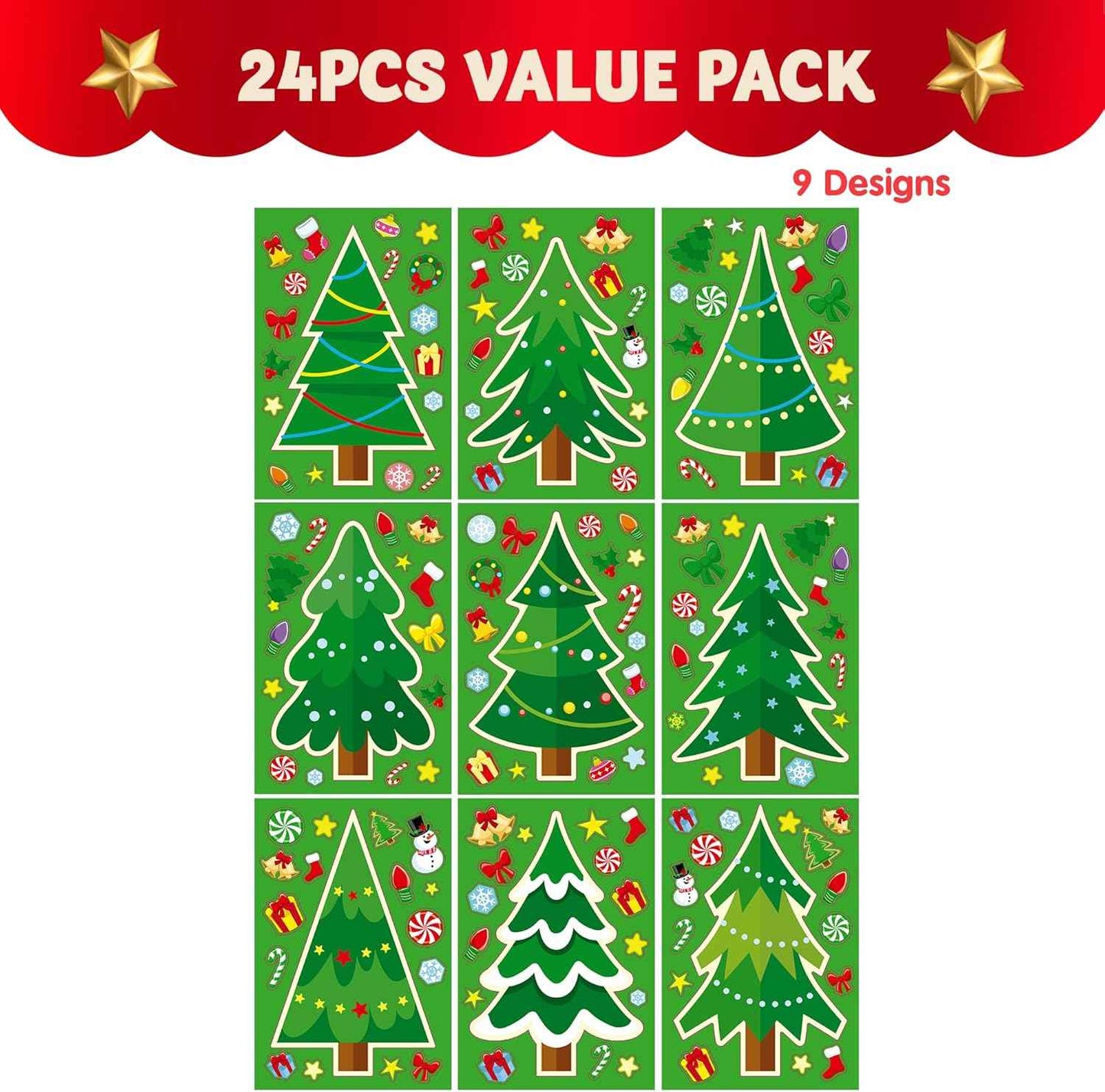 JOYIN 24 Pcs Christmas Tree Stickers, Make Your Own Christmas Tree Green Stickers Sheets, Party Favors for Kids Xmas Party Supplies, Classroom Games, Stocking Stuffers Holiday Presents