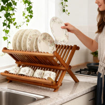 Teak Dish Drainer Rack Collapsible 2 Tier Dish Rack for Kitchen Countertop