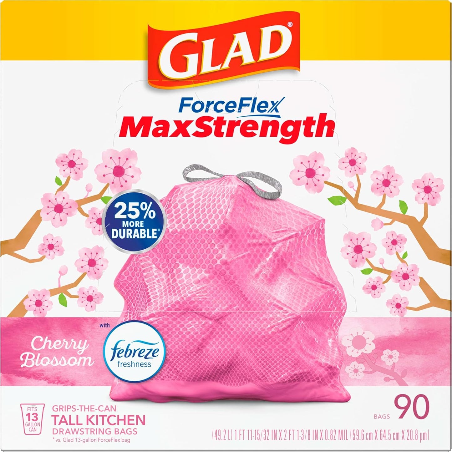 Glad Tall Kitchen Trash Bags 13 Gallon, MaxStrength Cherry Blossom Garbage Bags, Drawstring, 90 Count