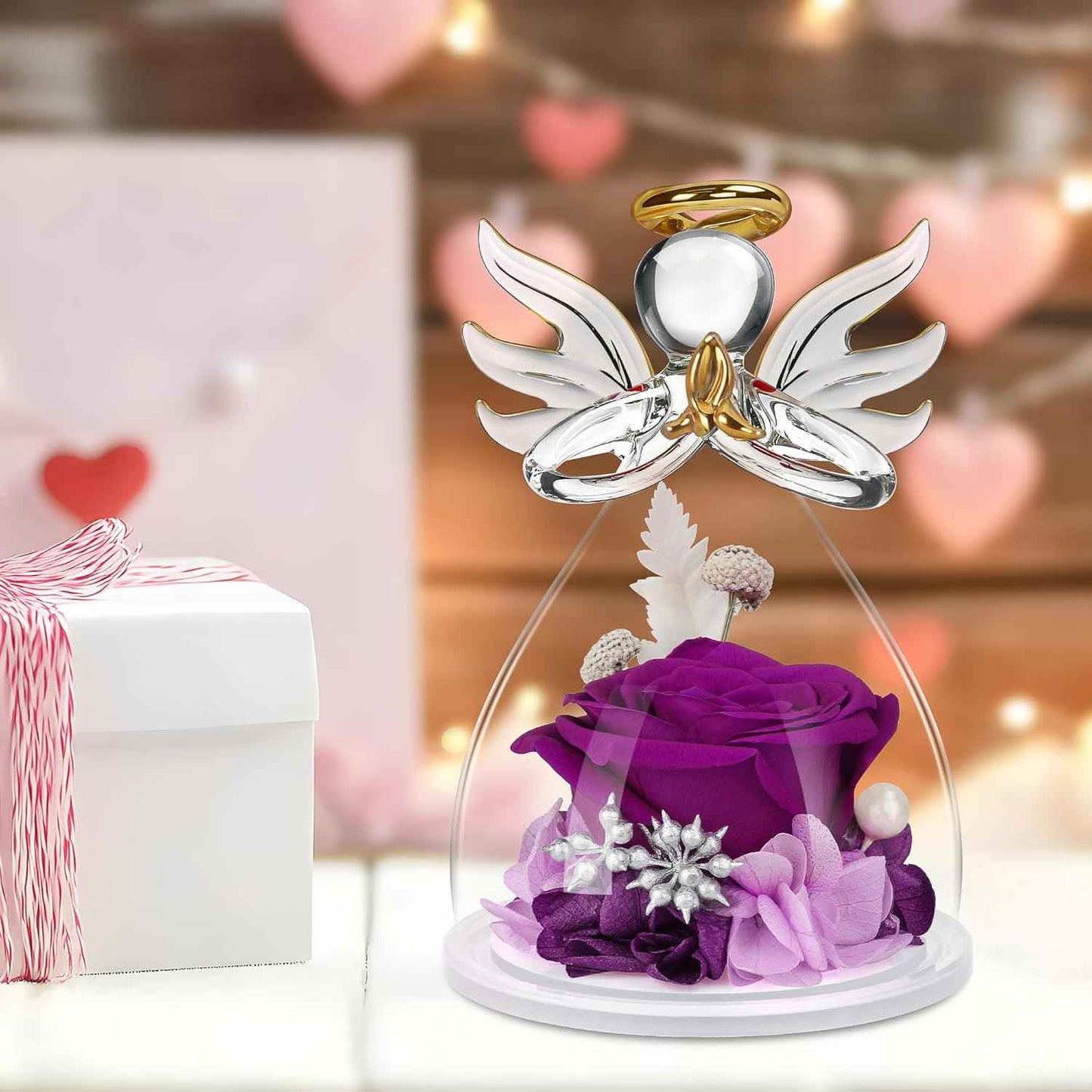 Valentines Day Rose Gifts for Her,Fresh Flowers for Delivery,Birthday Gifts for Women Mom,Preserved Flowers in Glass Angel Figurine,Angel Mothers Day Rose Gift for Mom Grandma,Purple Gift Valentines