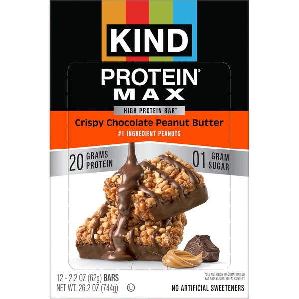 KIND Protein MAX Crispy Chocolate Peanut Butter Snack Bars, 12 Count Box, 20g Protein, Keto Friendly