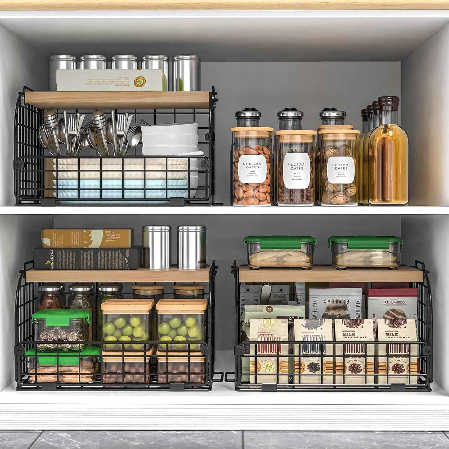 2 Set Stackable Wire Basket with Openable Top, Kitchen Counter, Pantry Organizer and Storage Produce Onion Potato Fruits Vegs Bread Food Snack Spice Organizing Bin for Cabinet Shelf Countertop Floor