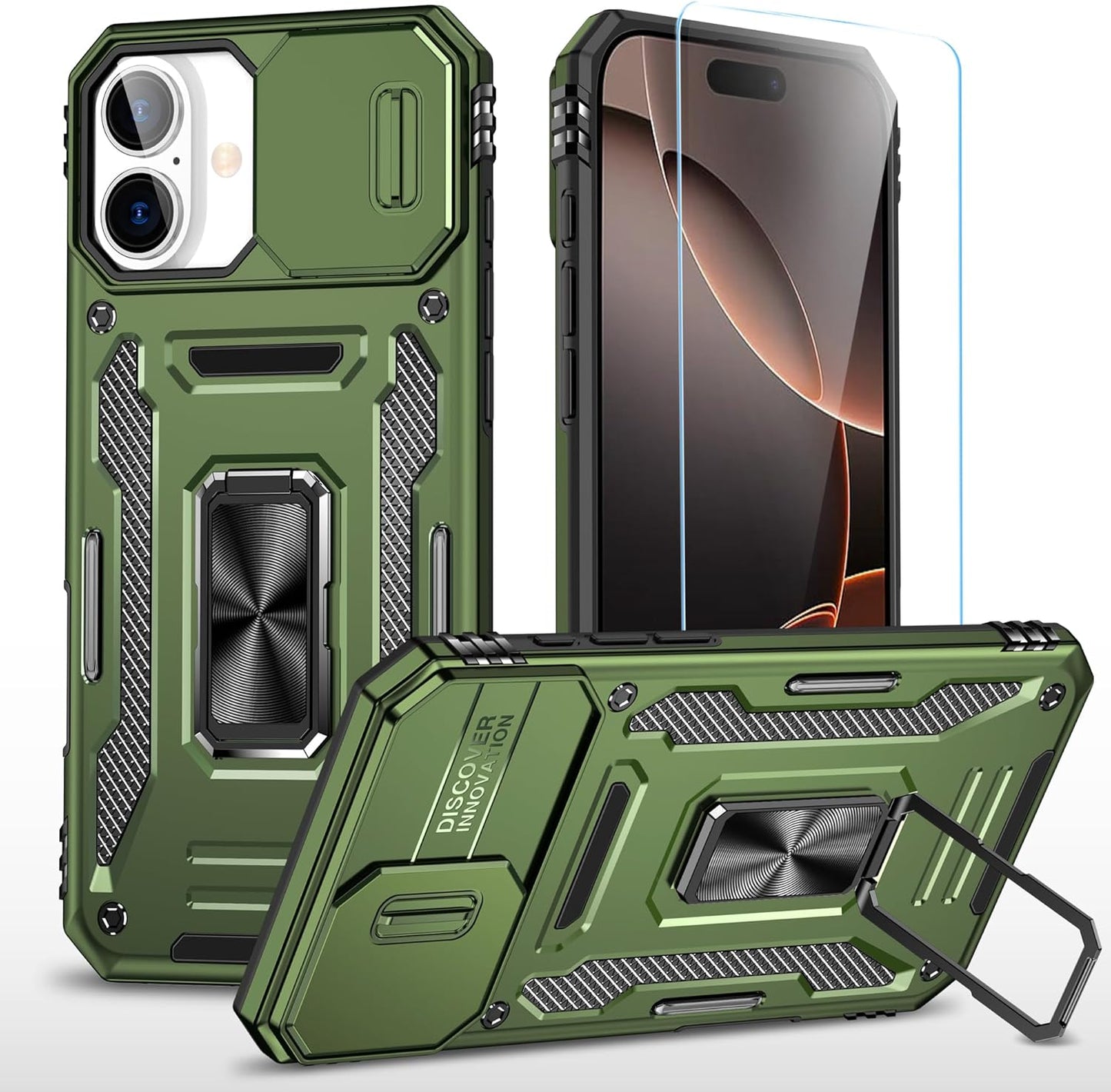 SunStory Phone Case for iPhone 16 6.1" with HD Screen Protector | Slide Camera Cover | Rotated Ring Kickstand | Military-Grade Protection | Red