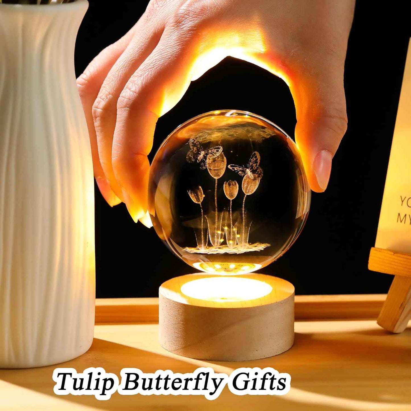 Enjinkail 3D Butterfly Tulips Crystal Ball with Wooden Light Base Glass Tulip Figurine Gift for Women Decor Tulips Statue Gifts for Mother's Day Birthday Valentine Christmas (Diameter 2.36 inches)