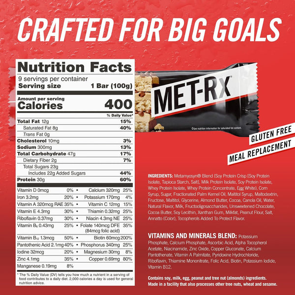 MET-Rx Big 100 Colossal Protein Bars, 9 Count, Chocolate Chip Cookie Dough, 3.52 oz