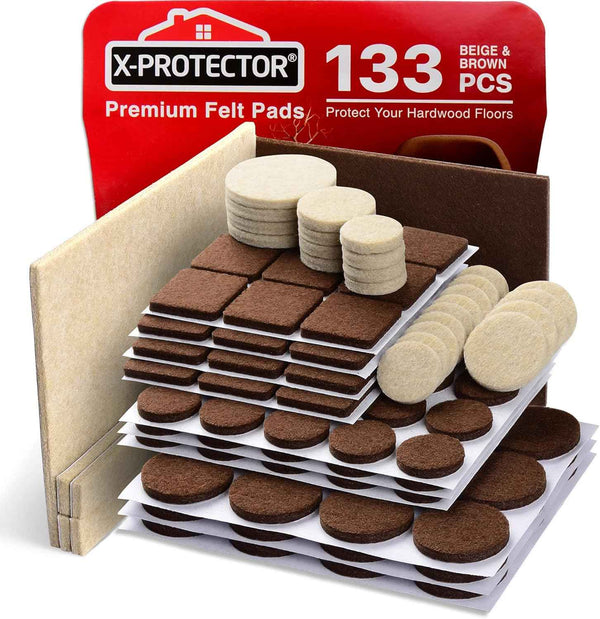 Felt Furniture Pads X-PROTECTOR 133 PCS, Premium Felt Pads for Wood Floor Protection, Brown and Beige, Protective Furniture Feet