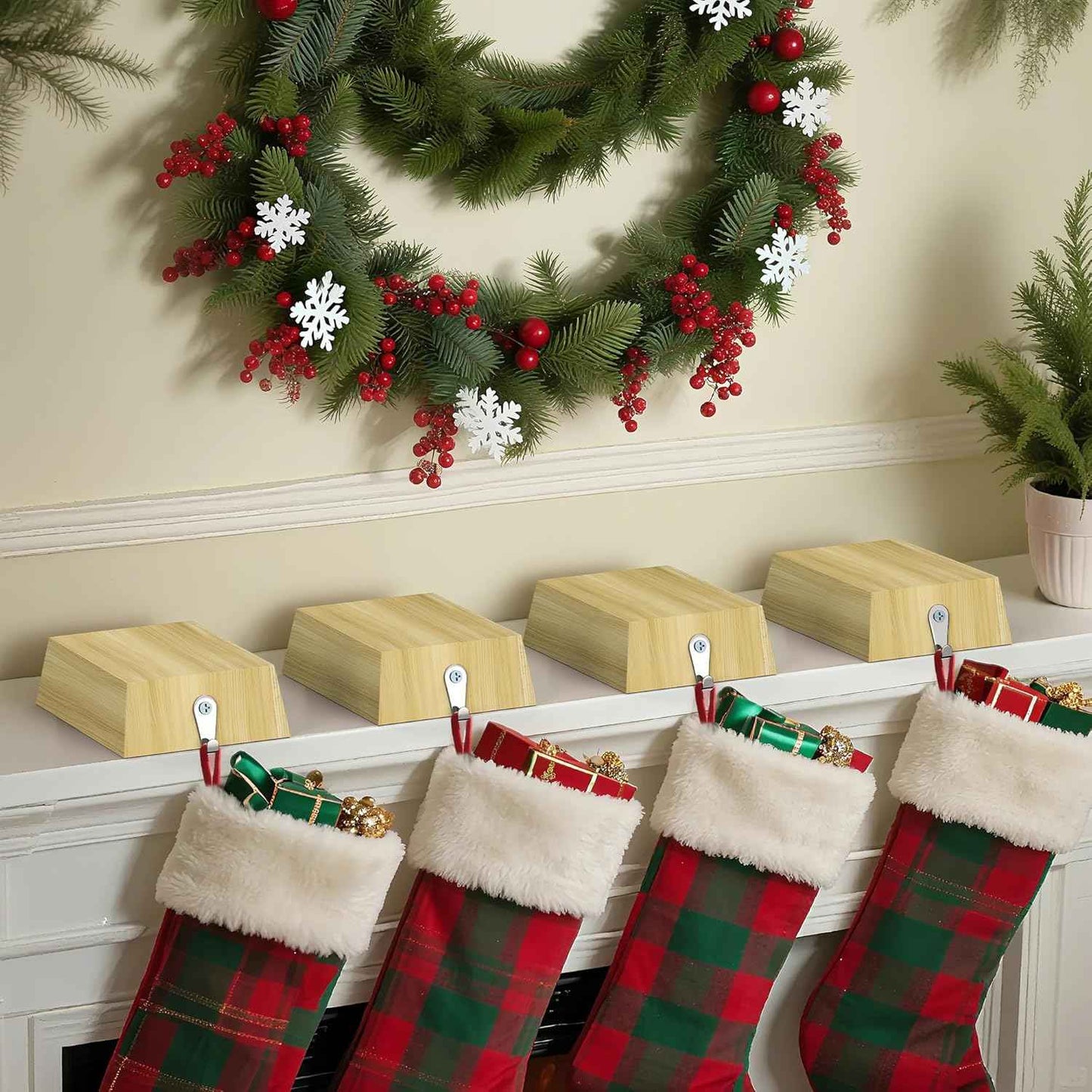 4 Pack Wooden Christmas Stocking Holders for Mantle, Christmas Stocking Hangers with Removable Tapes, Stocking Hook Christmas Ornaments for Mantle, Windows, Fireplaces Decoration