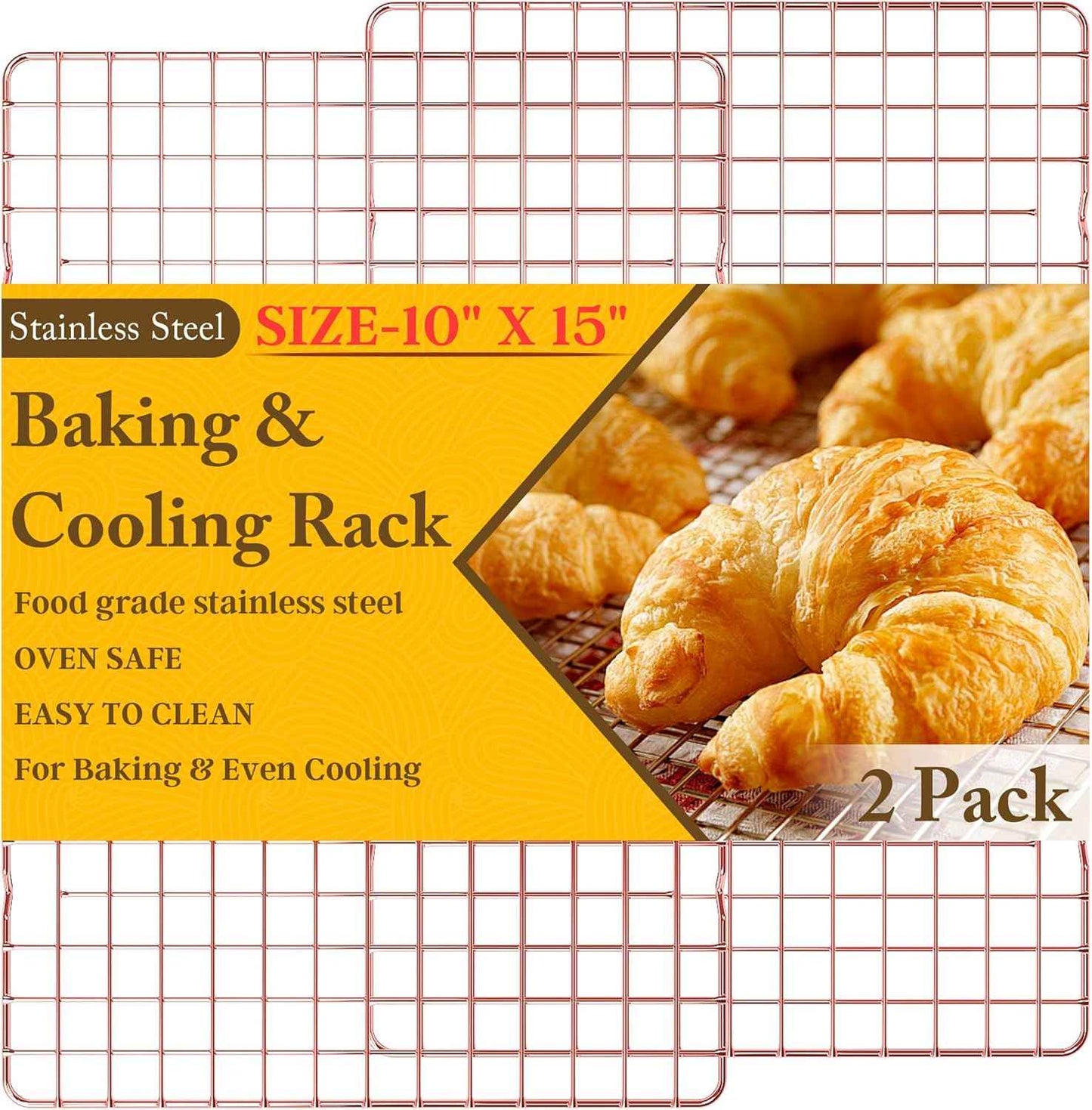 2PCS Cooling Racks for Cooking and Baking - 10" x 15"Heavy Duty Stainless Steel Wire Rack for Baking, Grilling, Roasting - Oven & Dishwasher Safe - Fits Jelly Roll Sheet Pan-Silver