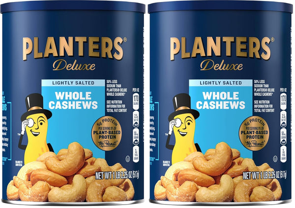 PLANTERS Deluxe Honey Roasted Whole Cashews: Sweet & Salty Snack, Plant-Based Protein, Crunchy Texture, Resealable Canister