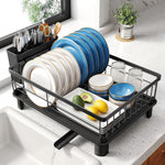 Space-saving stainless steel dish drying rack for kitchen counter
