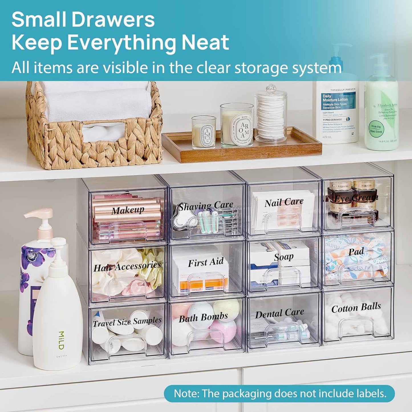 Vtopmart 4 Pack Small Clear Stackable Storage Drawers,Acrylic Bathroom Makeup Organizer,Plastic Storage Bins For Vanity, Undersink, Kitchen Cabinets, Pantry, Home Organization
