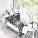 Compact kitchen dish rack with removable flatware caddy and angled drainboard