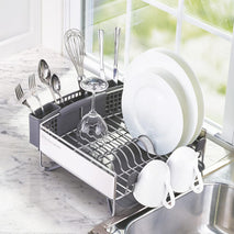 Compact kitchen dish rack with removable flatware caddy and angled drainboard
