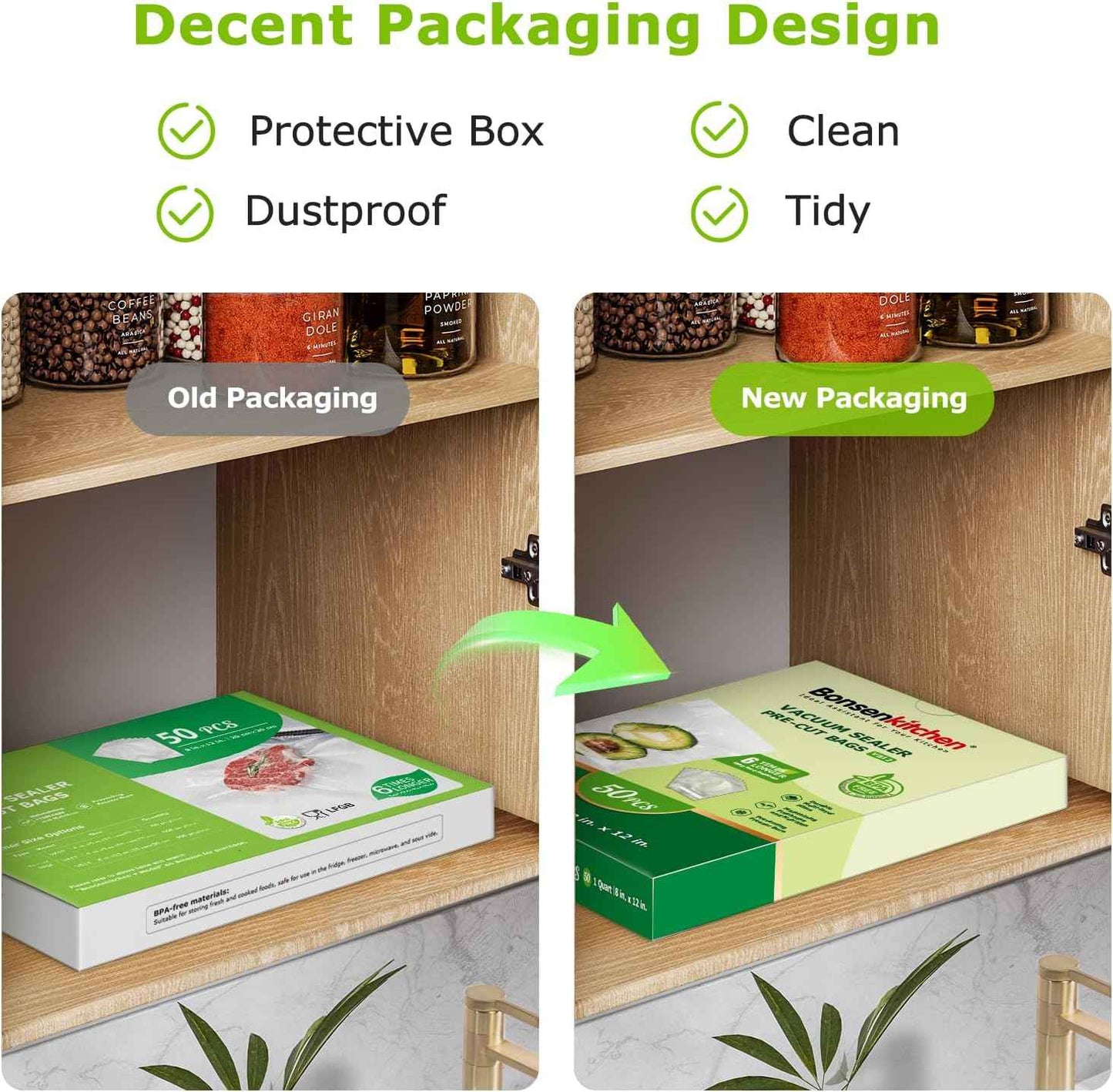 Bonsenkitchen Vacuum Sealer Bags, 50 Quart 8" x 12" Precut Food Sealer Bags, Commercial Grade, BPA Free, Heavy Duty, Customized Size Vacuum Bags for Vac Storage, Meal Prep or Sous Vide Cooking, VB12