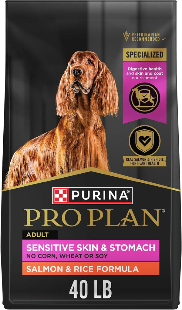 Purina Pro Plan adult salmon and rice dog food for sensitive skin and stomach, 40 lb bag