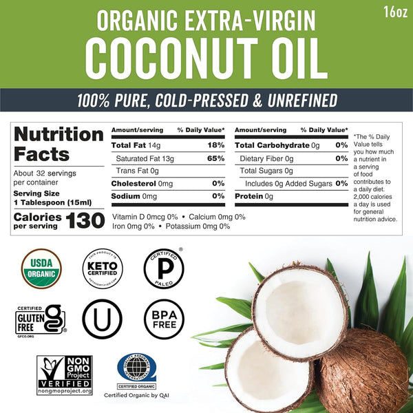 Viva Naturals Unrefined Cold-Pressed Extra Virgin Coconut Oil 16 fl oz, USDA Organic & Non-GMO