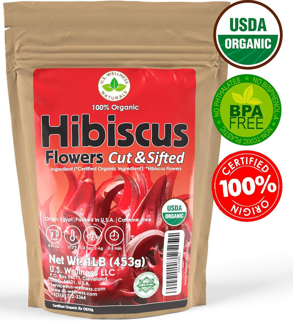 100% Certified Organic Hibiscus Flowers Herbal Tea, 1LB, Caffeine Free, Bulk Resealable Bag