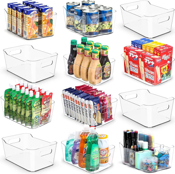 12-pack clear plastic storage bins for organizing and labeling