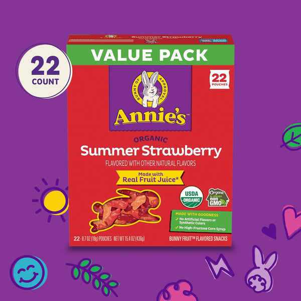 Annie's Organic Bunny Fruit Flavored Snacks, Summer Strawberry, Gluten Free, Value Pack, 22 Pouches, 15.4 oz