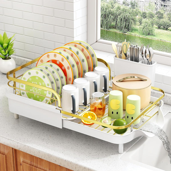 Expandable Dish Rack for Kitchen Counter with Utensil Holder and Raised Guardrail