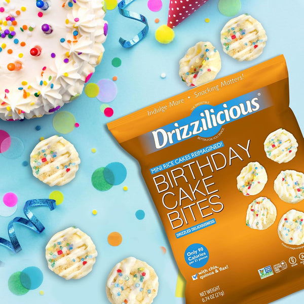 Mini flavored rice cakes in birthday cake flavor, 90 calories per bag, vegan and gluten free