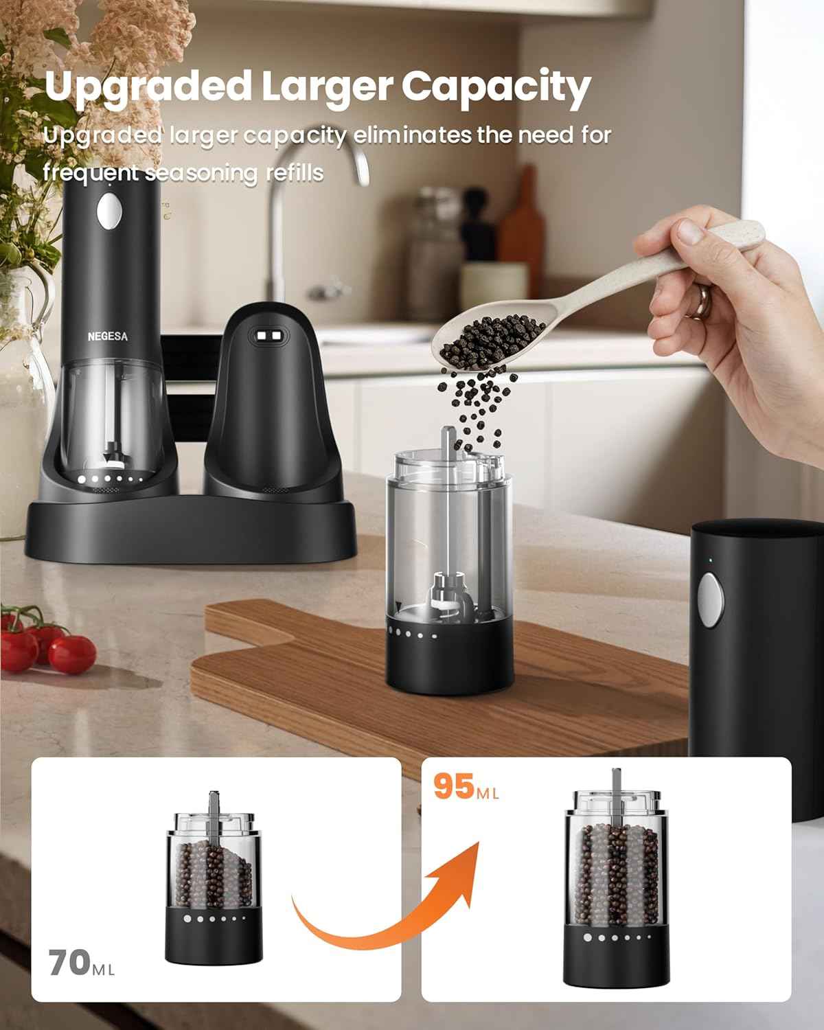 Electric Salt and Pepper Grinder Set with Rechargeable Base - Automatic Refillable Electric Salt and Pepper Shakers with Large Capacity, LED Light & Adjustable Coarseness, Black