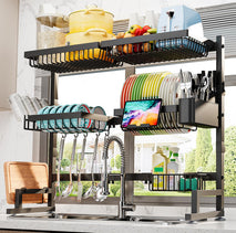 Over the sink dish drying rack with adjustable height and length