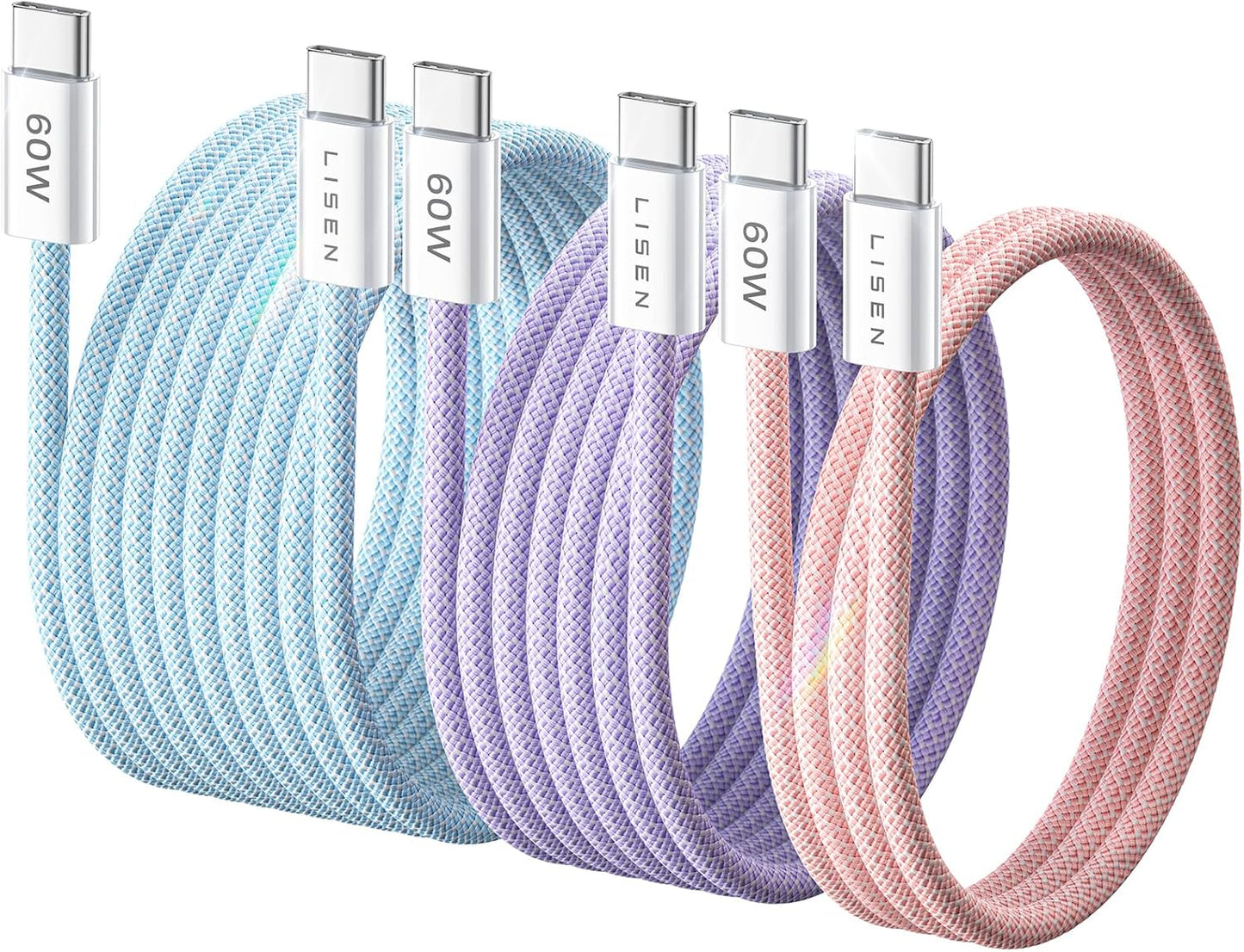 LISEN USB C to USB C Cable, 5-Pack [3.3/3.3/6.6/6.6/10FT] for iPhone 17 Charger Cord, 60W C to C Cable Fast Charging for iPad, iPhone 16 15 Pro Max, Galaxy S25/S24 USBC to USBC Cable Gifts for Men