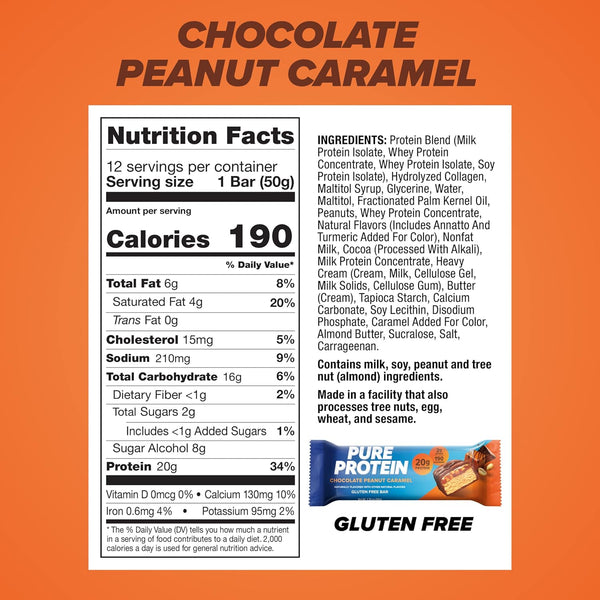 Pure Protein Chocolate Peanut Caramel Bars - 20g Protein, 3g Sugar, 190 Calories, 12 Count, Gluten Free