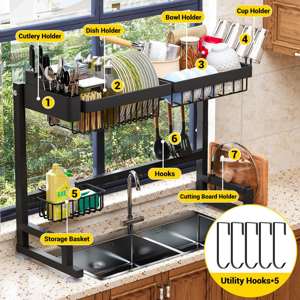 Adjustable Over Sink Dish Drying Rack with Snap-On Design