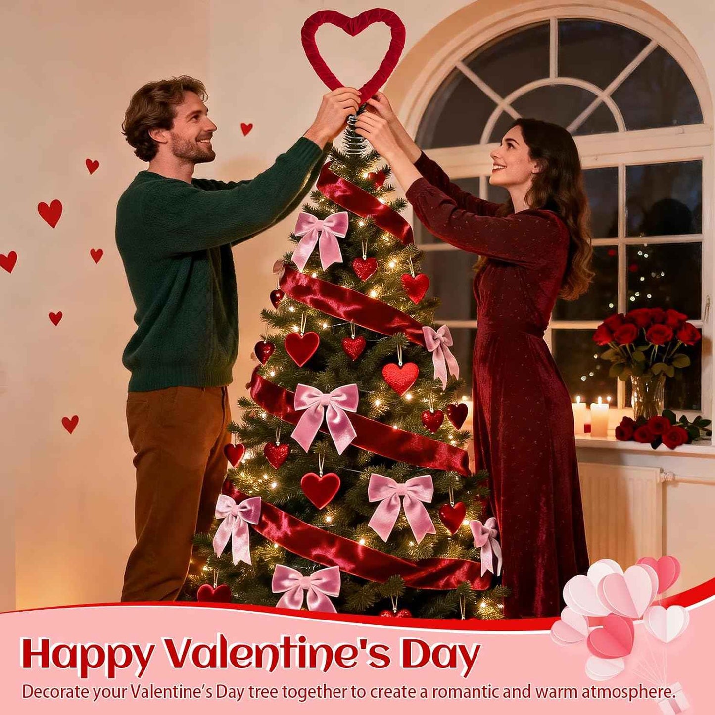 Valentine's Day Heart Tree Topper with 2 Rolls Velvet Ribbon, Velvet Tree Topper Decorations Red Pink Ribbon Ornaments for Valentine's Day Wedding Holiday Party Supplies Gifts Home Decor