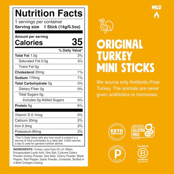 Chomps Snack Size Original Turkey Jerky Meat Sticks, 0.5 Oz, Pack of 24