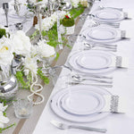 WELLIFE 700 Pieces Silver Plastic Dinnerware Set for 100 Guests - Includes Plates, Cups, Napkins, and Disposable Cutlery - Elegant White & Silver Design, Perfect for Parties and Events