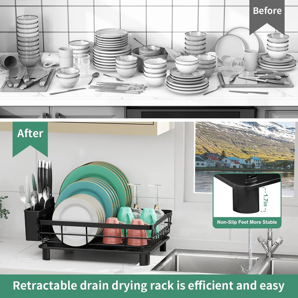 Stainless Steel Dish Drying Rack for Kitchen Counter with Removable Utensil Holder
