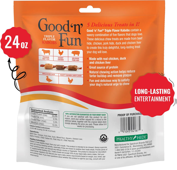 Good 'n' Fun Triple Flavor Kabobs Chews for All Dogs, 24 Ounces, with Beef Hide, Chicken, and Duck
