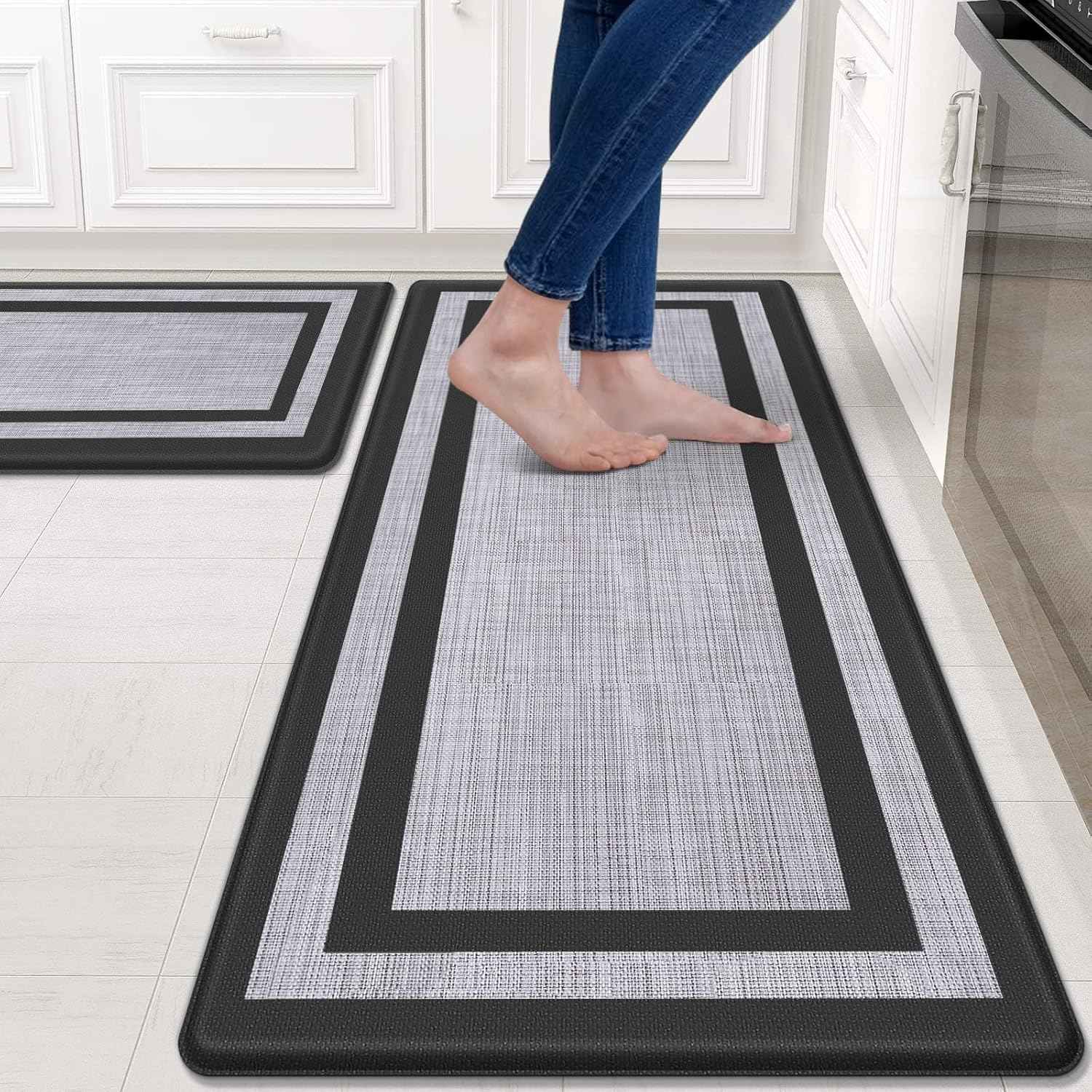 Mattitude Kitchen Mats Set of 2，Cushioned Anti-Fatigue Non-Skid Rug Sets Ergonomic Comfort Standing Mat for Kitchen, Floor, Office, Sink, Laundry, Black and Gray