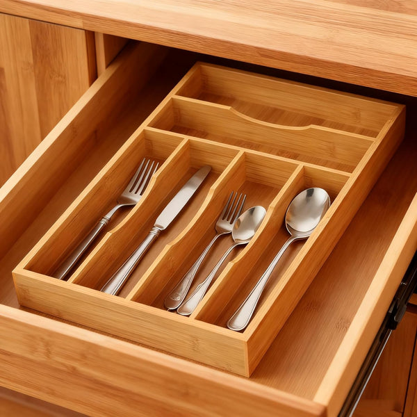 Bamboo Silverware Organizer for Kitchen and Office Use