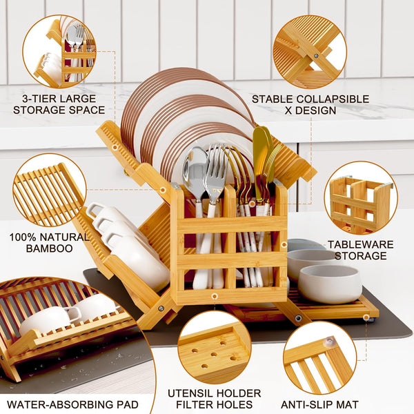 Bamboo dish drying rack with utensil holder for kitchen counter