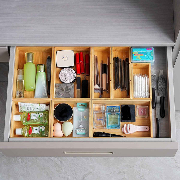 Fabsome bamboo wood set of 9 drawer organizer for kitchen, makeup, desk, and bathroom storage